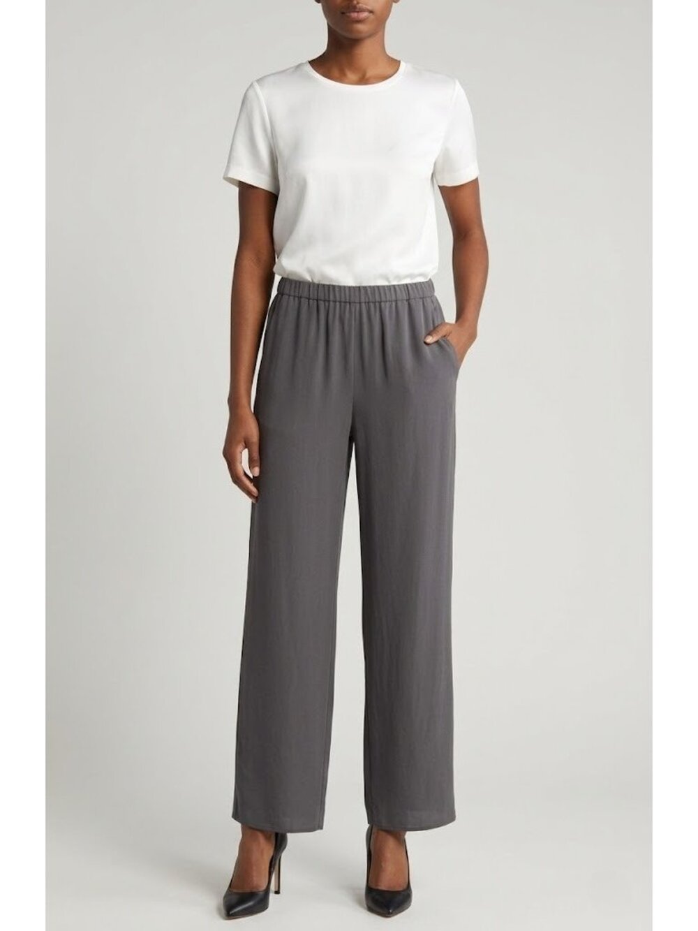 NWT Eileen Fisher Wide Leg in Bark Silk Georgette Pull-on Pants L - Picture 1 of 6